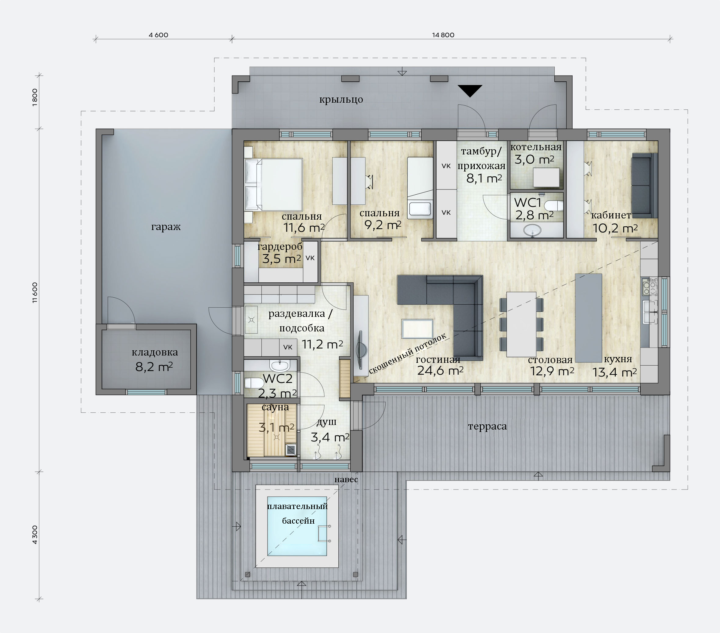 Пример плана дома с квадартными комнатами