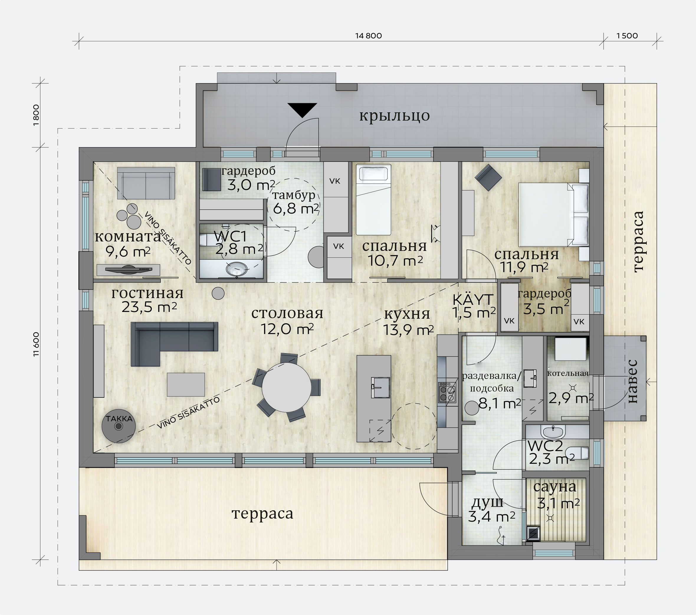 Пример планировки дома с минимальным количеством коридоров
