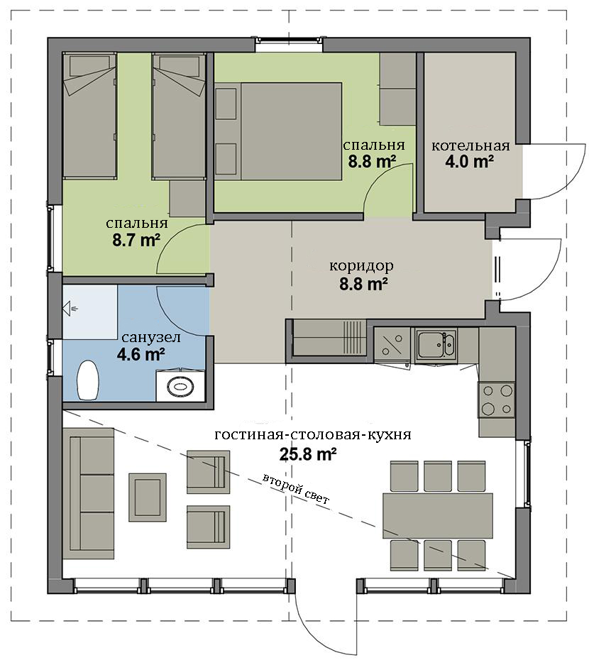 Пример планировки дома с двумя жилыми комнатами