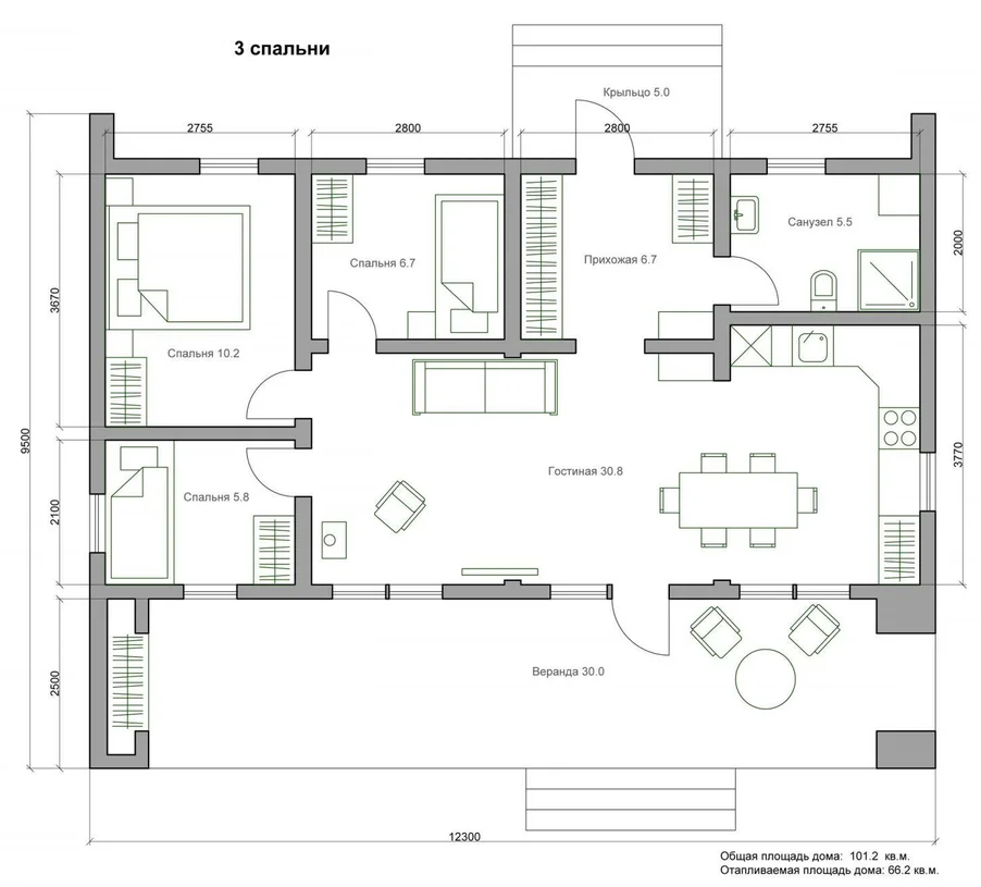 План дома 100 кв м с общей гостиной-столовой-кухней