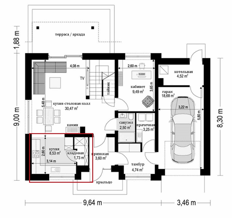 Пример планировки дома с подсобным помещением в кухне